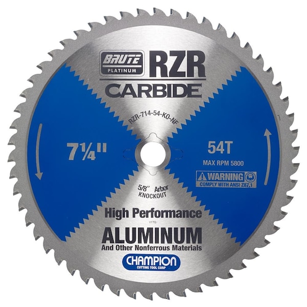 Brute Platinum 7-1/4in Brute RZR Carbide Tipped Circular Saw Blades for Aluminum, 54 Teeth, 5/8in KO Arbor CHA RZR-714-54-KO-NF - main